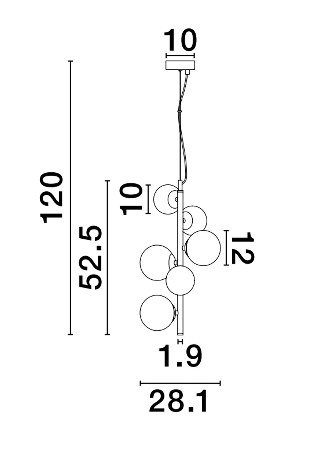 Schéma technique coté de la suspension, avec hauteur et largeur en centimètres.