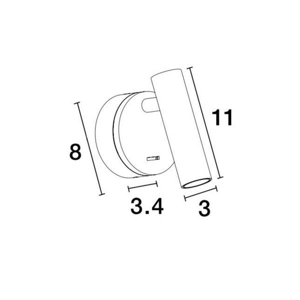 Schéma coté de l'applique, platine 8 cm, longueur 11 cm, diamètre 3 cm
