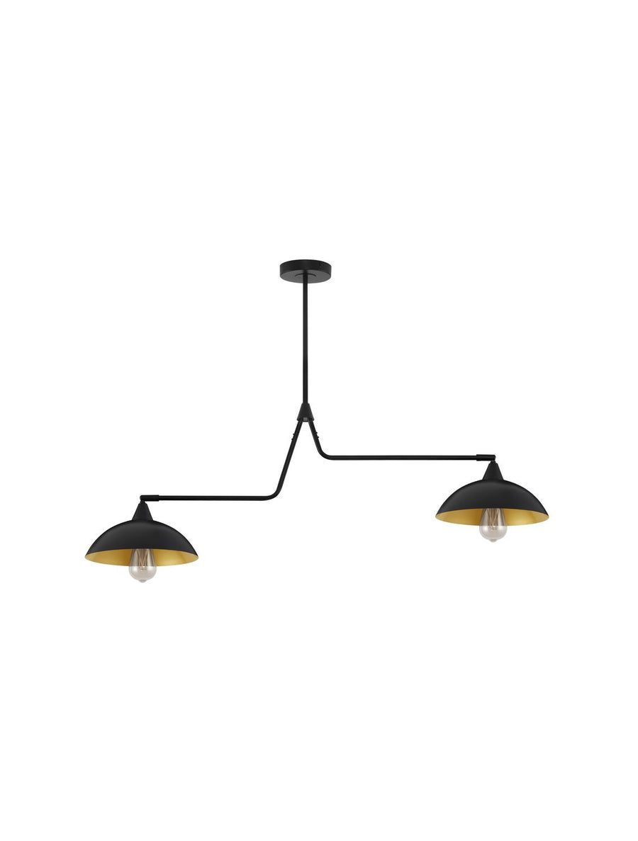 Vue de face du luminaire à deux abat-jours noirs sur fond blanc sans ombre