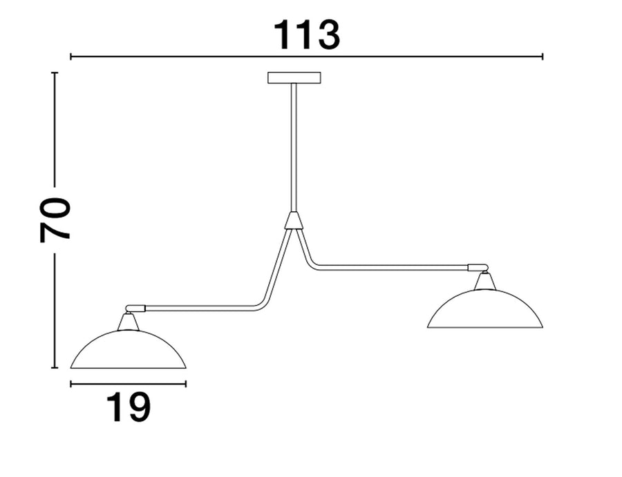 Schéma coté indiquant 113 cm de largeur, 70 cm de hauteur et 19 cm de diamètre