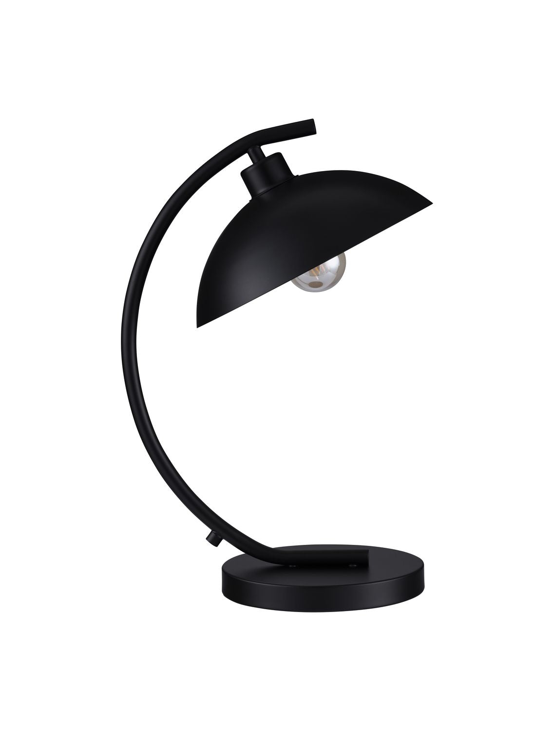 Lampe noire éteinte vue de côté sur fond blanc, sans câble visible.