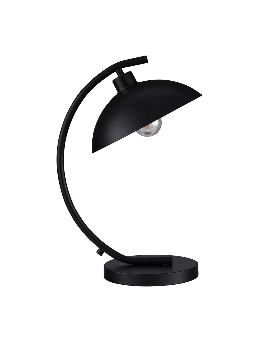 Lampe noire éteinte vue de côté sur fond blanc, sans câble visible.