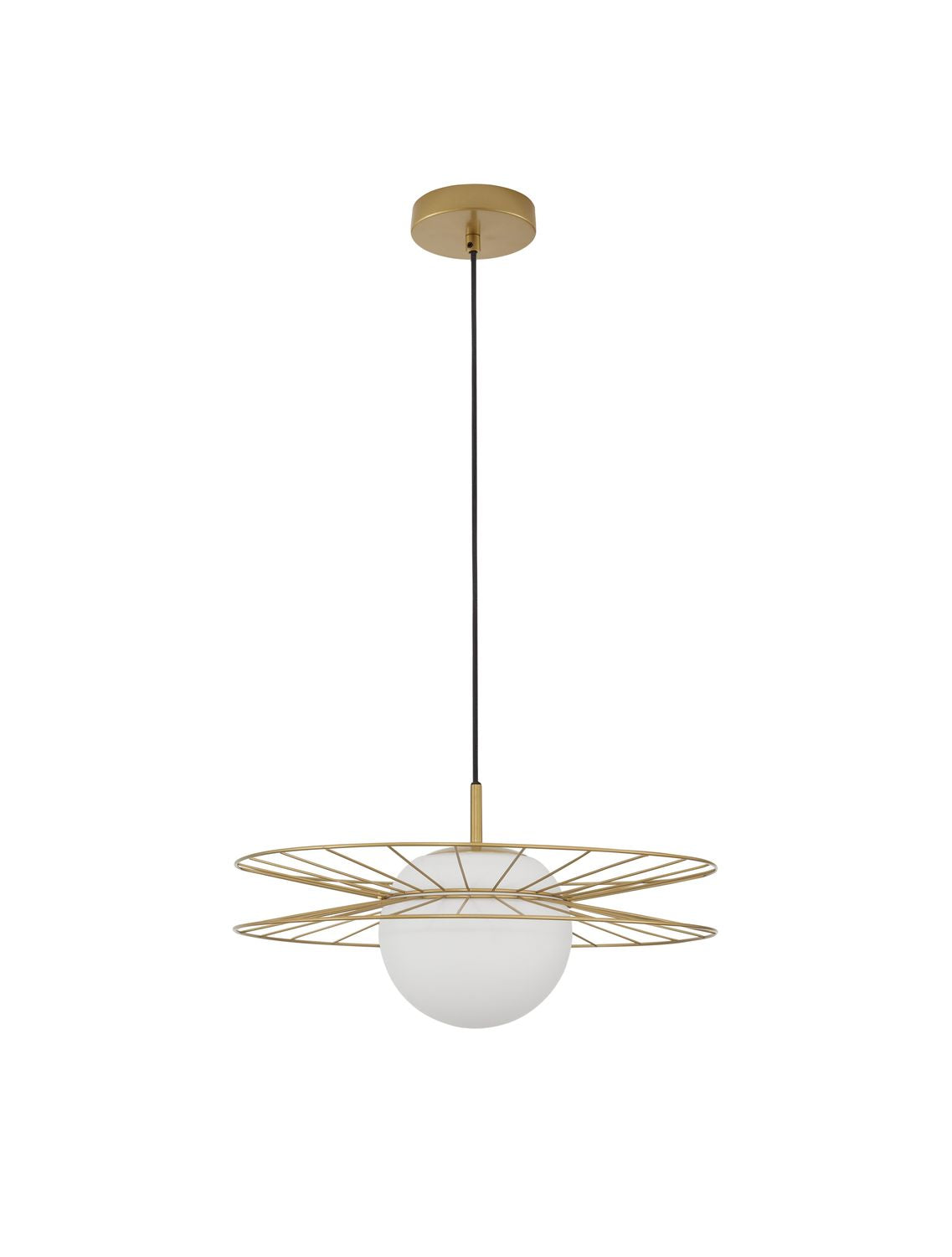 Vue de face du luminaire sur fond blanc, câble et rosace visibles