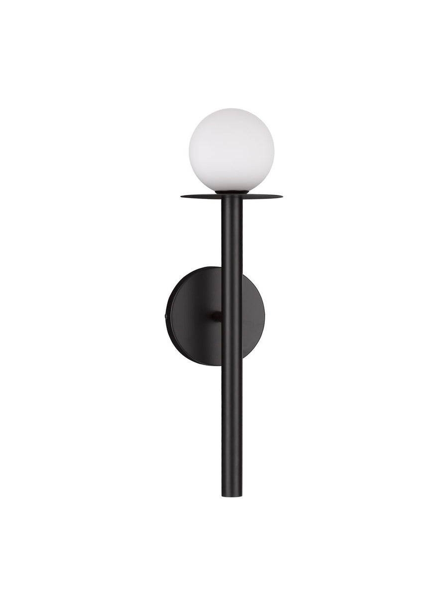 Vue de face du luminaire détouré sur fond blanc, tige verticale et sphère