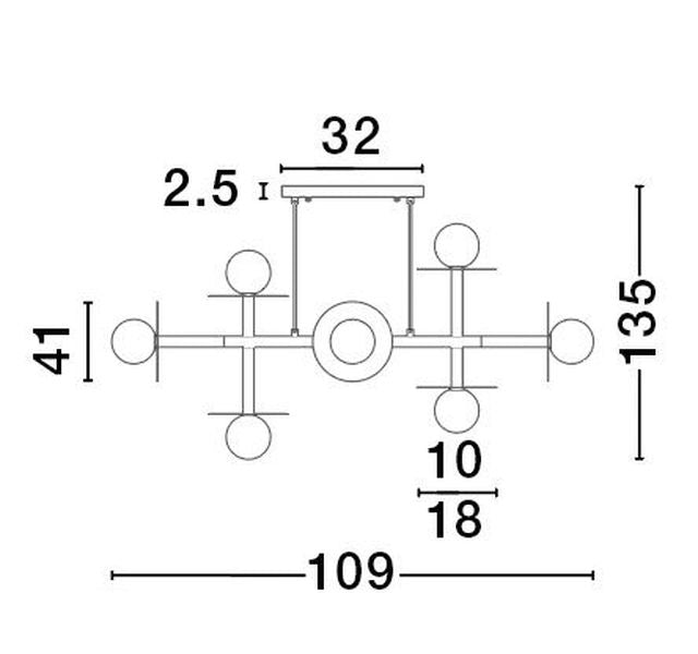 Schéma coté du luminaire : hauteur 135 cm, largeur 109 cm, socle 32 cm.