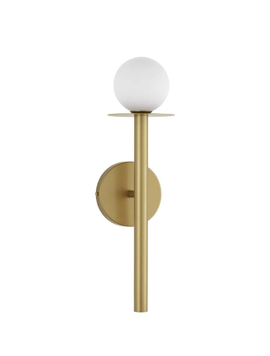Vue de profil du luminaire doré détouré, tige, plateau et platine ronde