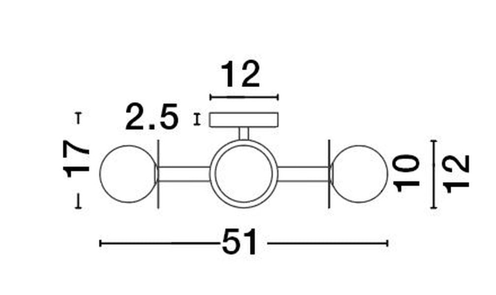 Schéma de dimensions du plafonnier : largeur 51 cm, hauteur 12 cm, globes 10