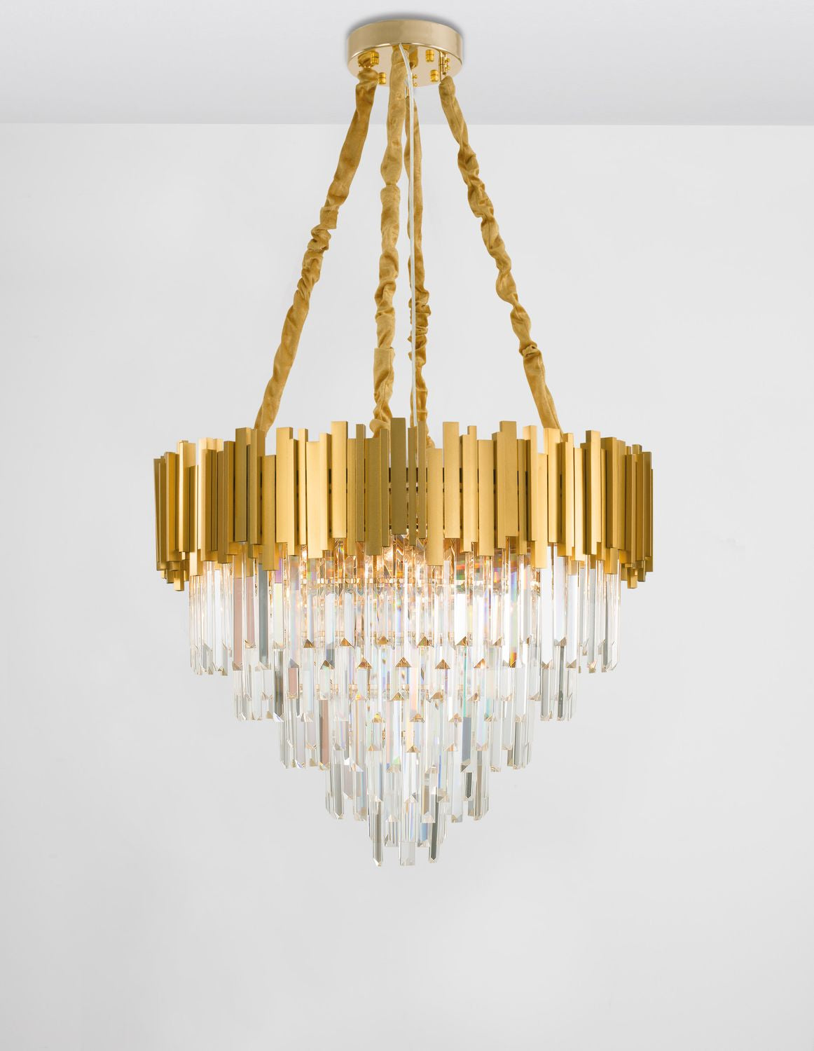 Suspension Grane 12 lumières dorée, cristal