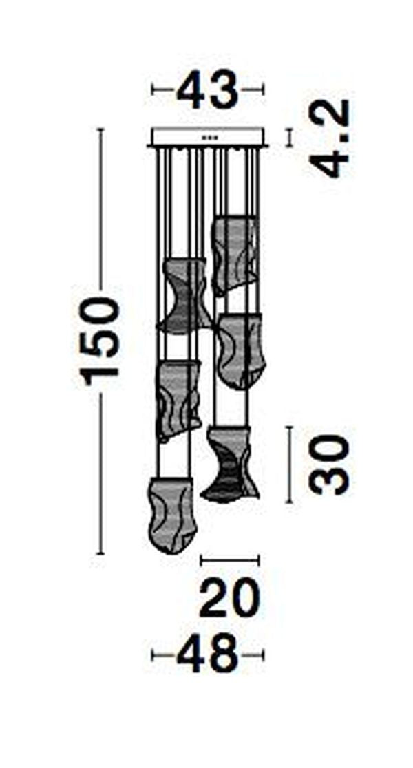 Schéma coté du luminaire avec hauteur totale, diamètre et dimensions des voiles
