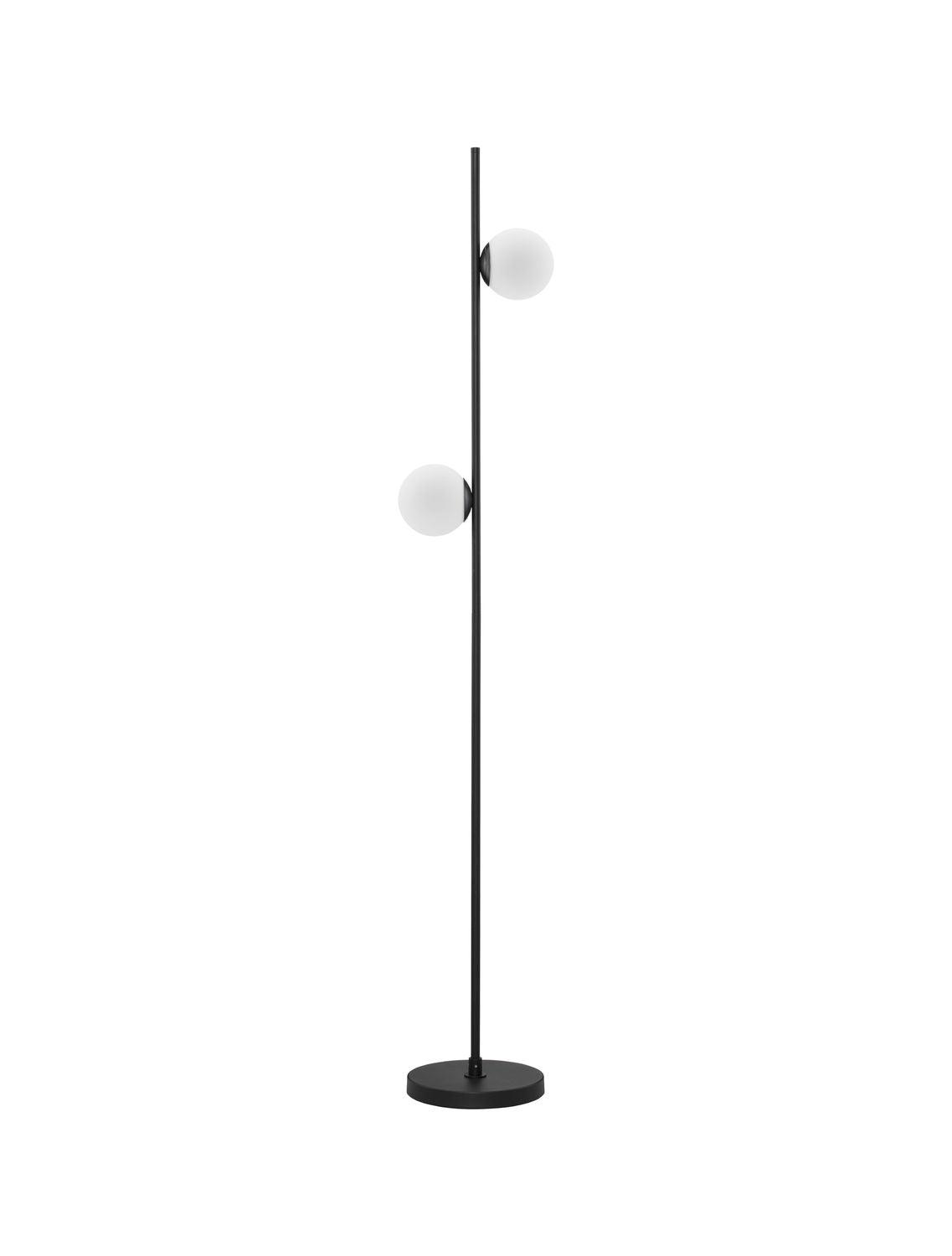 Vue de face du lampadaire sur fond blanc, deux globes opalins