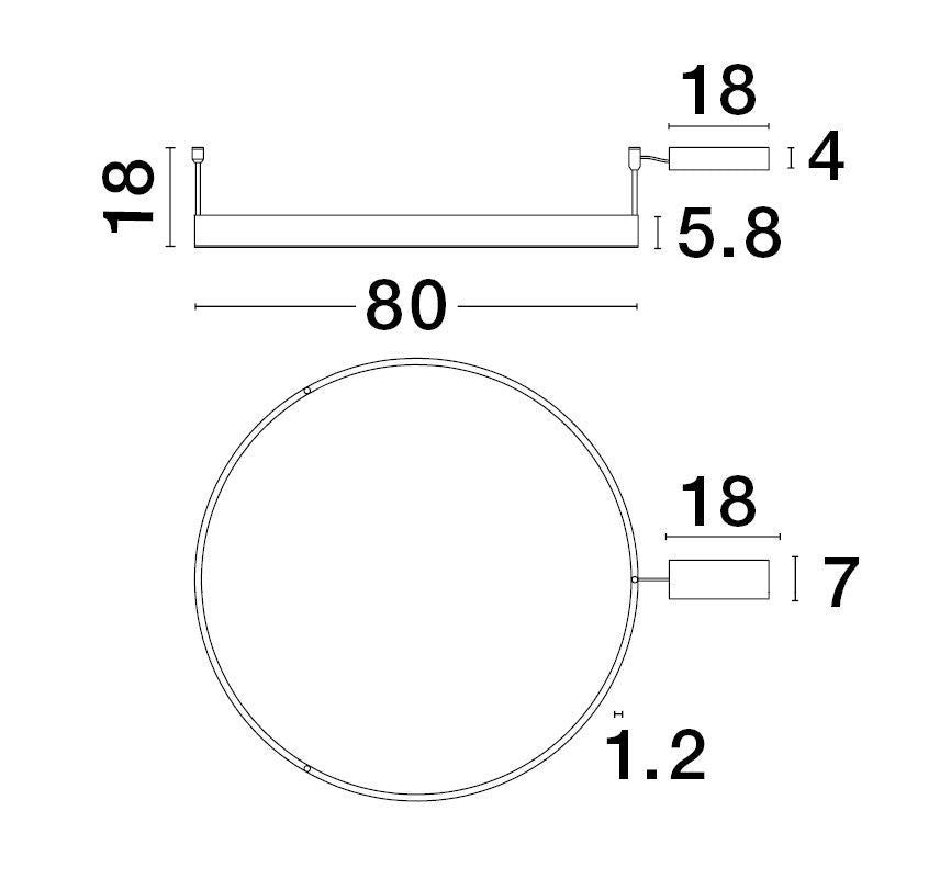 Schéma de dimensions du plafonnier indiquant diamètre 80 cm et boîtier