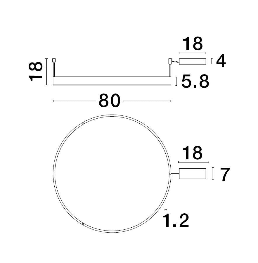 Schéma coté du luminaire : diamètre 80 cm et dimensions du boîtier