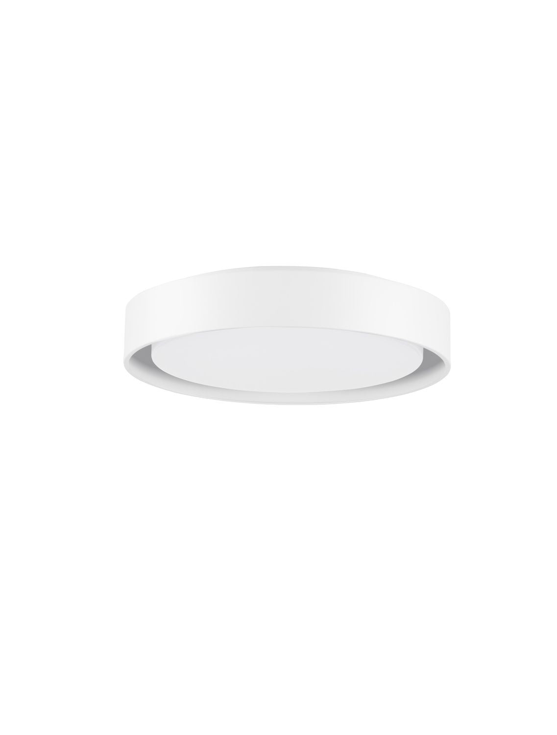Produit seul sur fond blanc, plafonnier rond blanc vu de trois quarts.