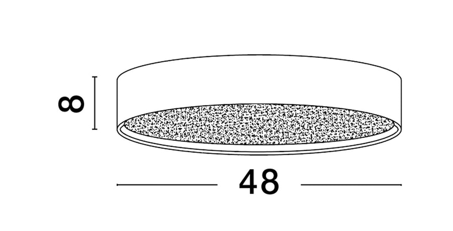 Schéma technique coté : diamètre 48 et hauteur 8 centimètres, forme cylindrique.