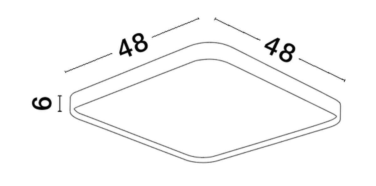 Schéma de dimensions indiquant 48 cm de côté et 6 cm d'épaisseur
