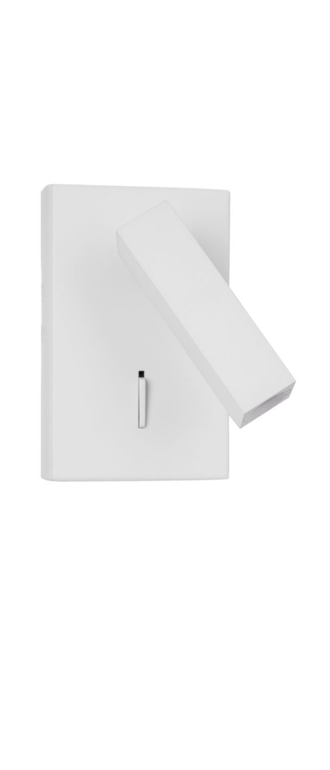Vue de face sur fond blanc : applique blanche rectangulaire avec bras orientable et interrupteur.