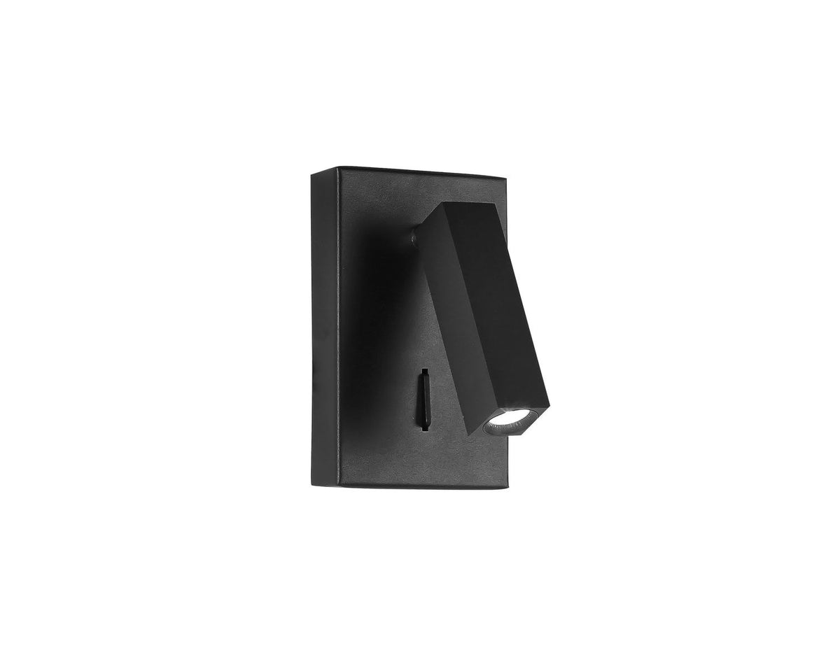 Vue de trois quarts du luminaire noir sur fond blanc, projecteur orientable