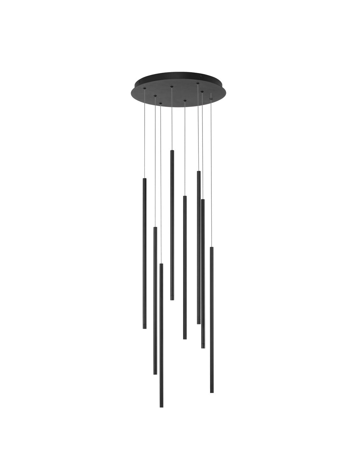 Vue de face sur fond blanc du luminaire et de ses tiges noires suspendues