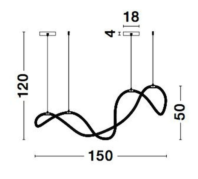 Schéma coté du luminaire : longueur 150 cm, hauteur 120 cm, rosace 18.