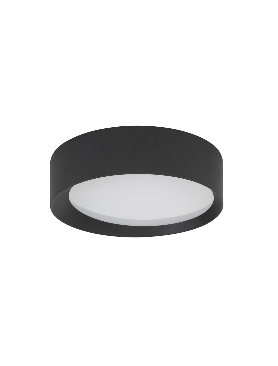 Vue de trois quarts du luminaire rond noir sur fond blanc neutre