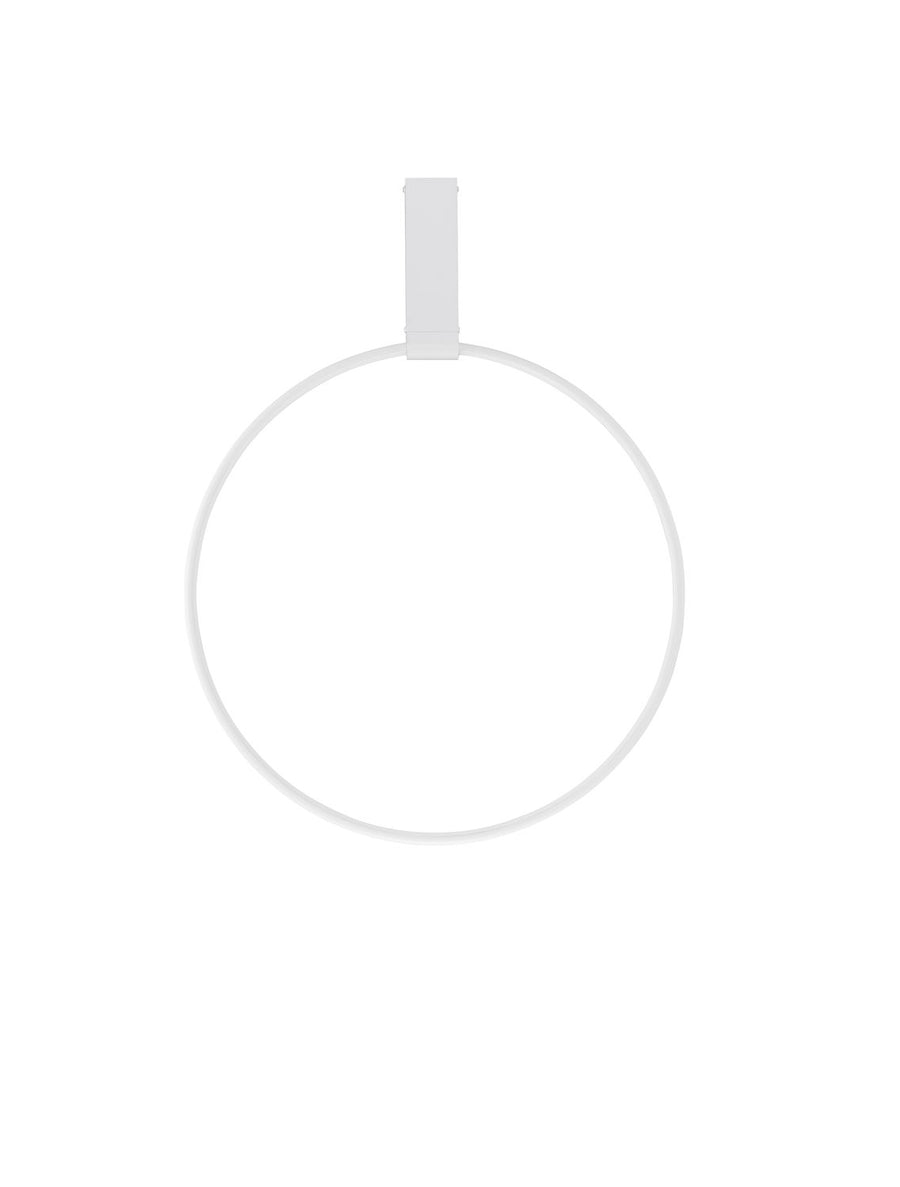Vue de face du cercle lumineux blanc suspendu à sa fixation murale