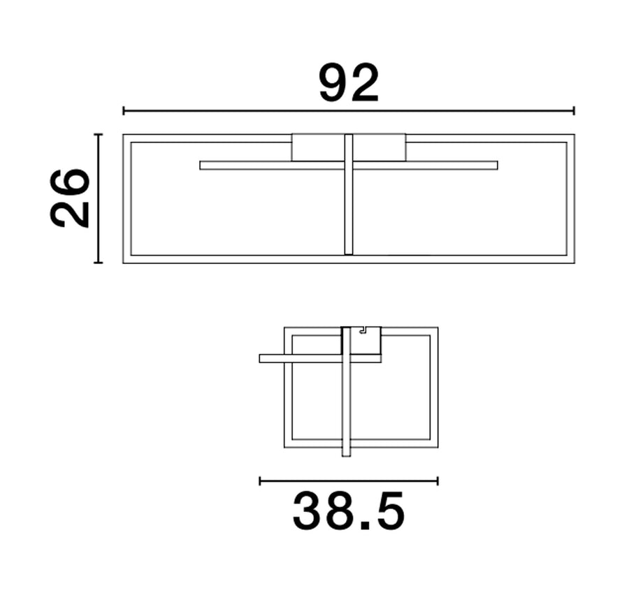 Schéma coté du plafonnier : longueur 92 cm, largeur 26 cm et 38,5 cm