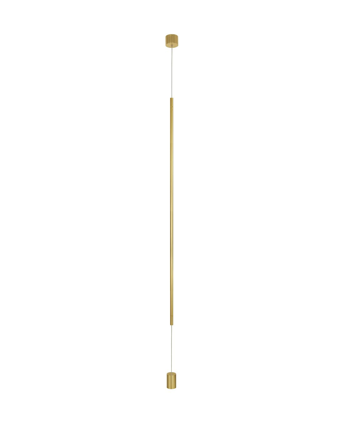Vue de face sur fond blanc, suspension laiton avec câble et cylindre lumineux.