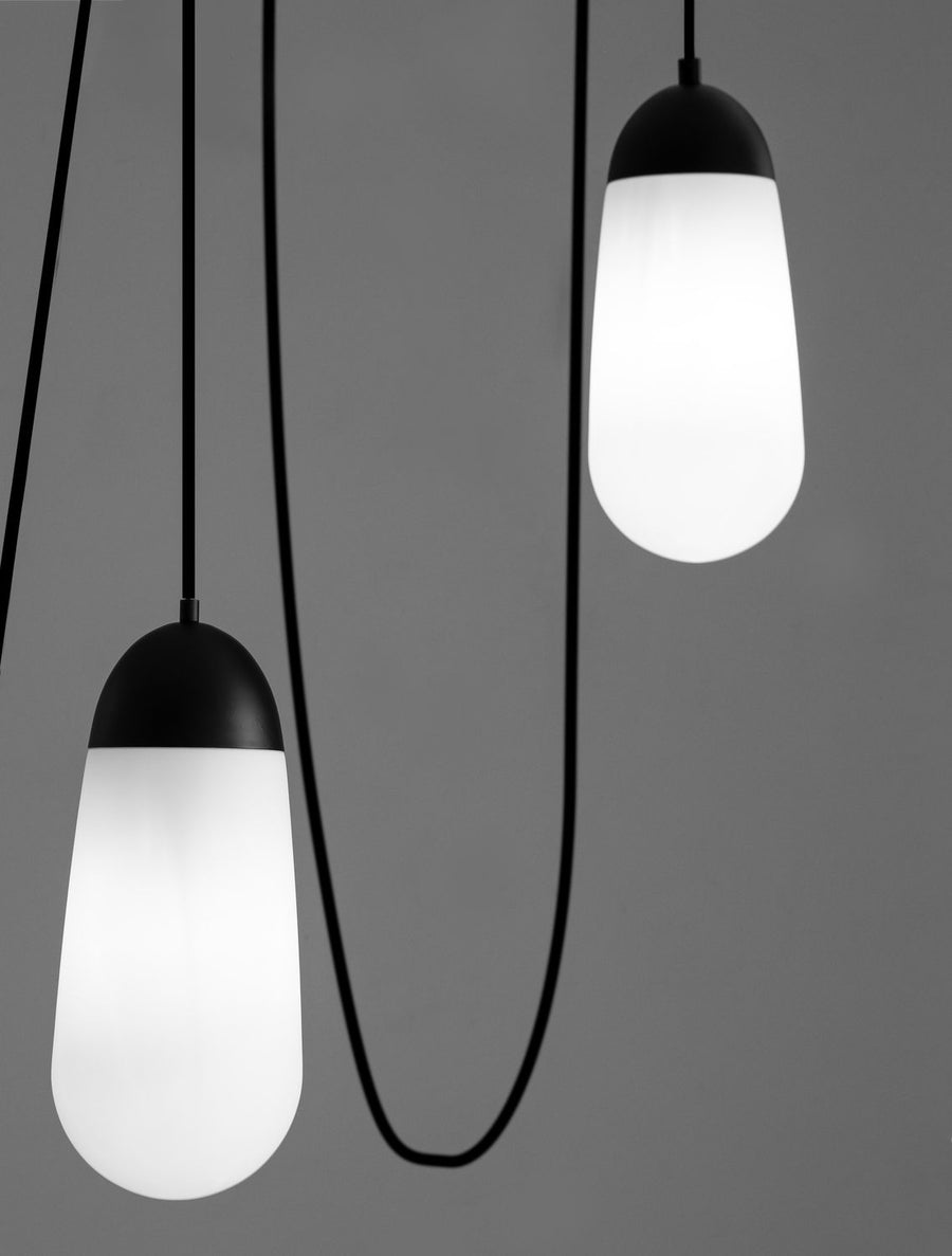 Suspension Blaky 5 lumières noire, verre, H 300 cm