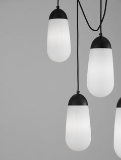 Suspension Blaky 5 lumières noire, verre, H 150 cm