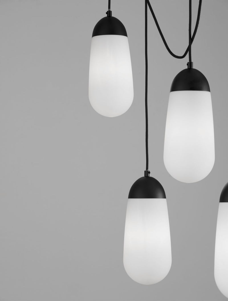 Suspension Blaky 5 lumières noire, verre, H 150 cm