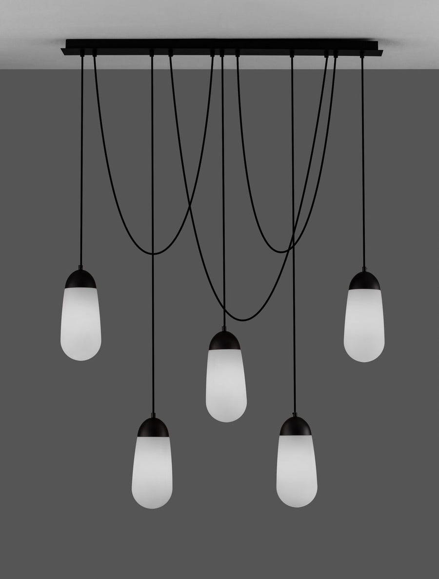 Suspension Blaky 5 lumières noire, verre, H 150 cm