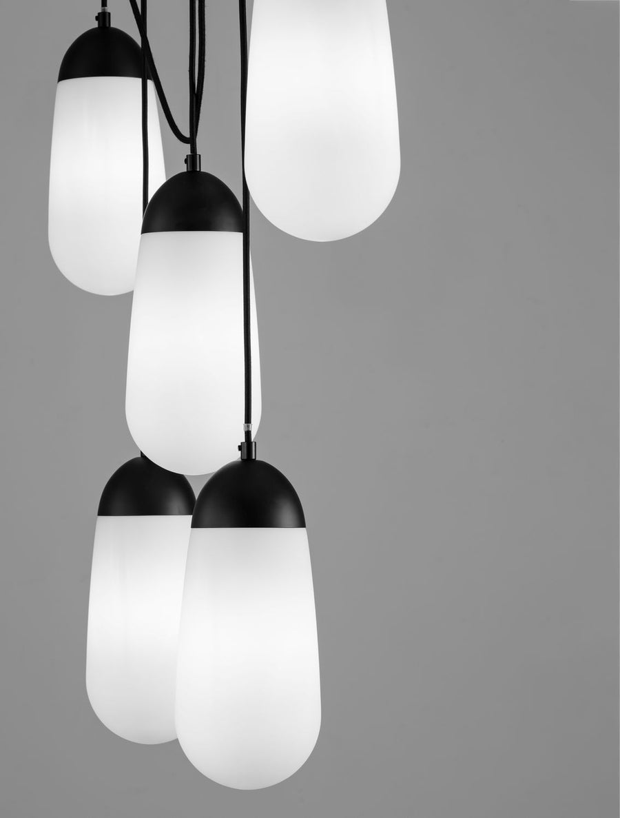 Suspension Blaky 5 lumières noire, verre, H 150 cm