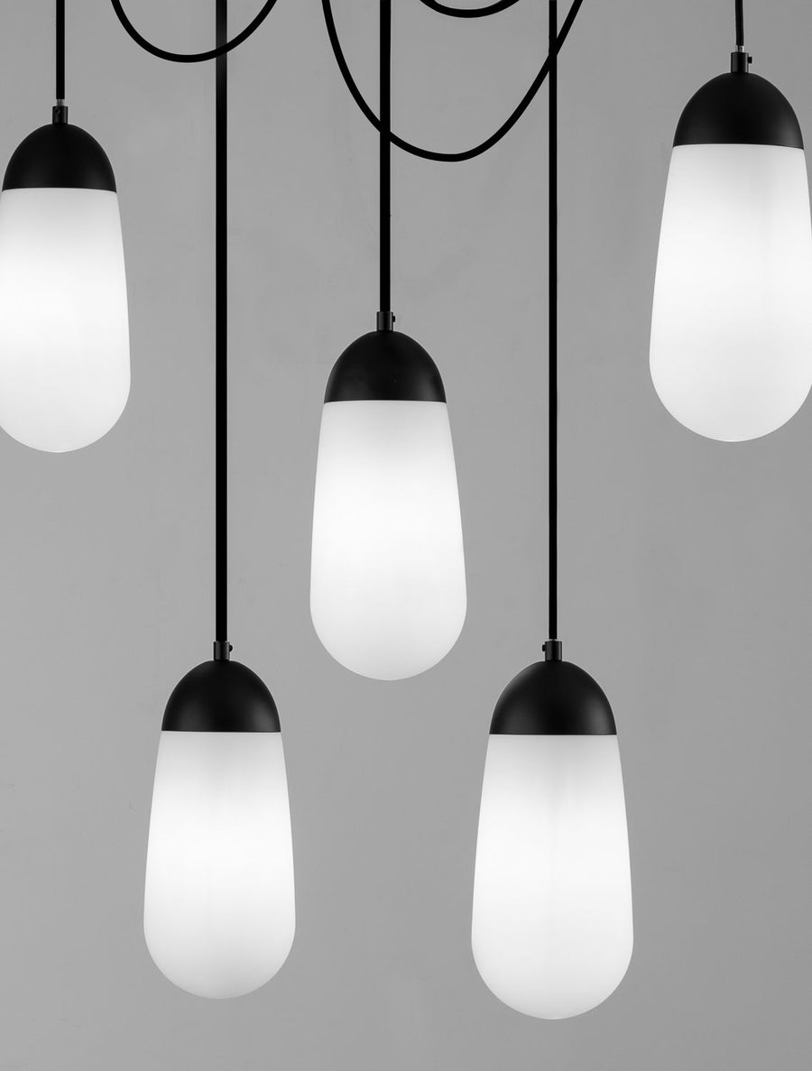 Suspension Blaky 5 lumières noire, verre, H 150 cm