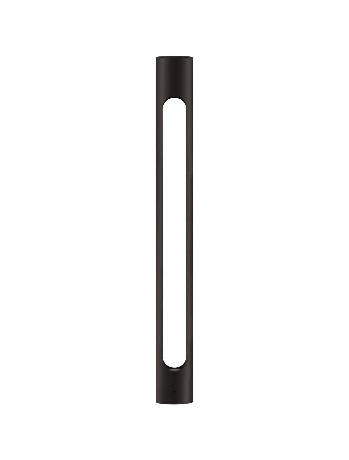Vue de face du luminaire cylindrique noir, fente verticale ouverte sur toute la hauteur.