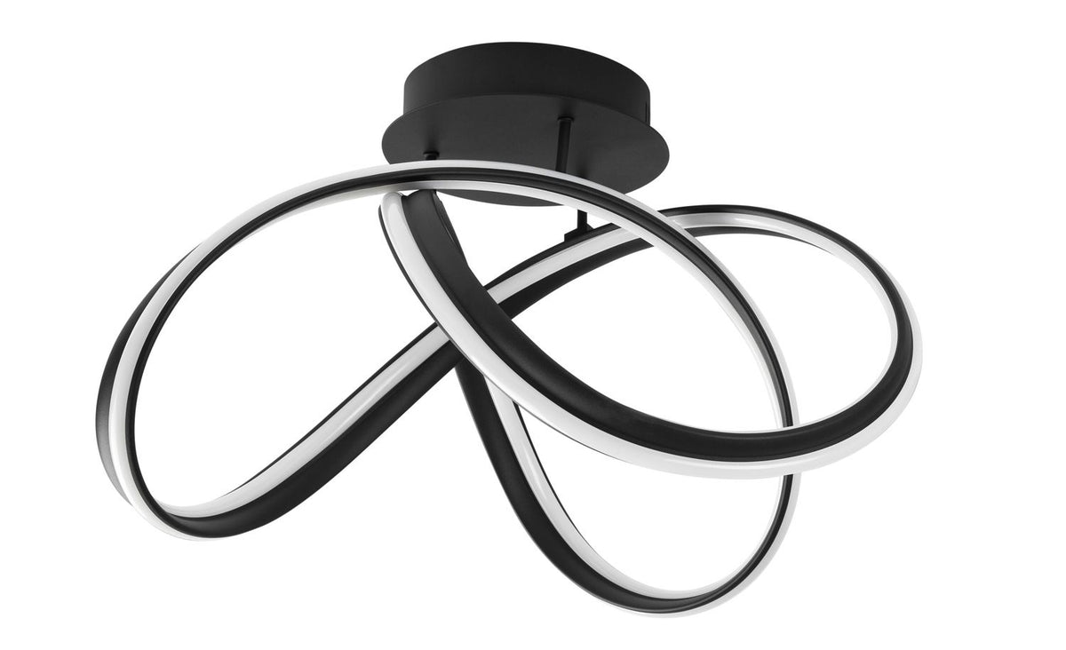 Produit détouré sur fond blanc, trois anneaux LED entrelacés en spirale