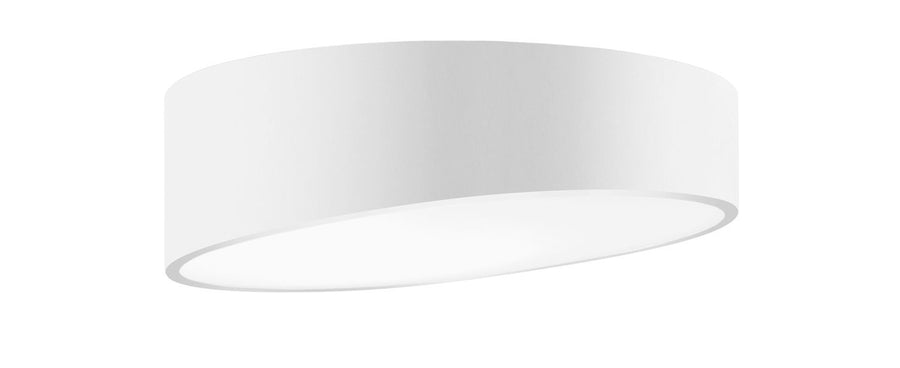 Vue de trois quarts du plafonnier blanc sur fond neutre, abat-jour cylindrique