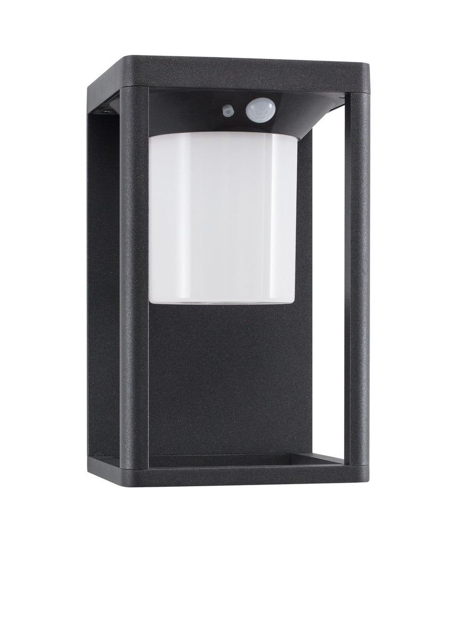 Produit de face sur fond blanc, cadre carré noir et diffuseur cylindrique blanc opale.