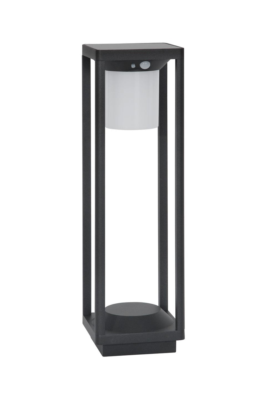 Vue de face du luminaire anthracite présentant le capteur et le diffuseur blanc.