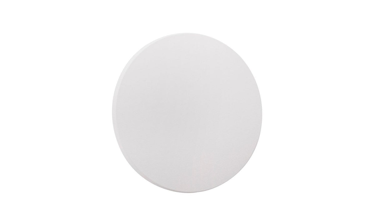 Vue de face du luminaire rond blanc, surface lisse et lumière uniforme