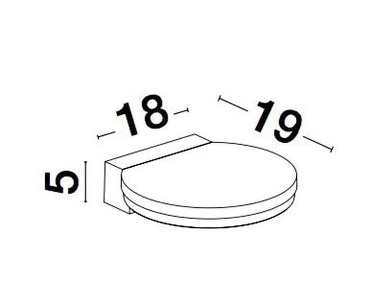 Schéma coté du luminaire : dix-huit centimètres de haut, dix-neuf de large, cinq de profondeur