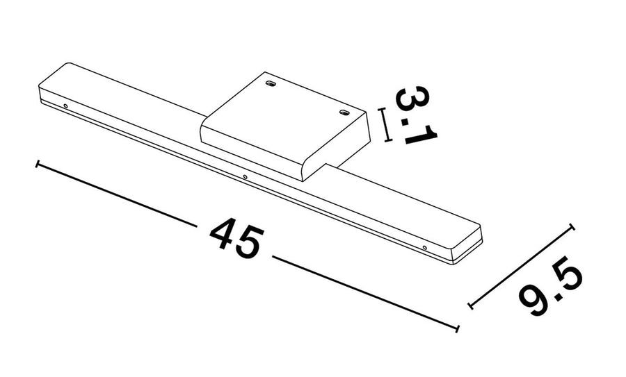 Schéma technique coté du luminaire indiquant 45 cm de large et 9,5 cm de profondeur