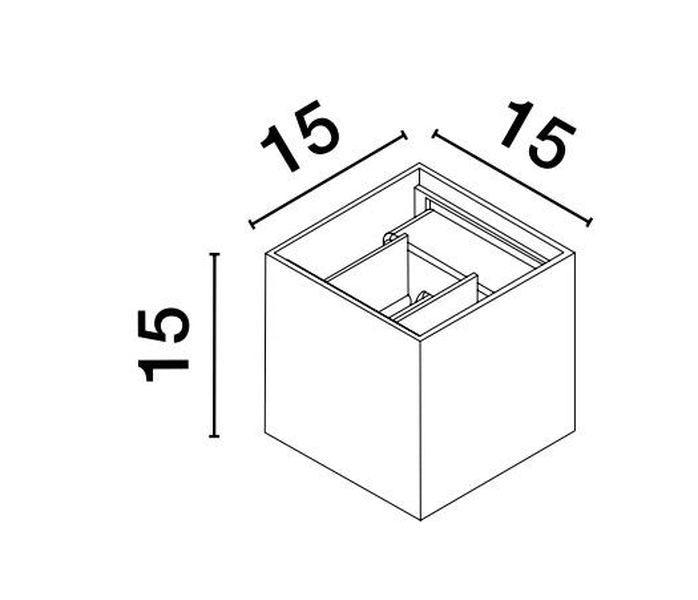 Schéma de dimensions du luminaire cubique indiquant quinze centimètres sur chaque arête.