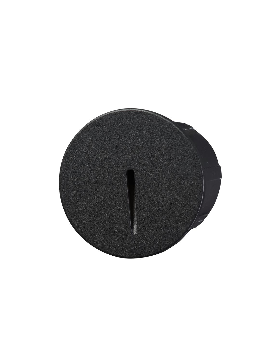 Vue de face de l'applique noire ronde avec sa fente verticale.