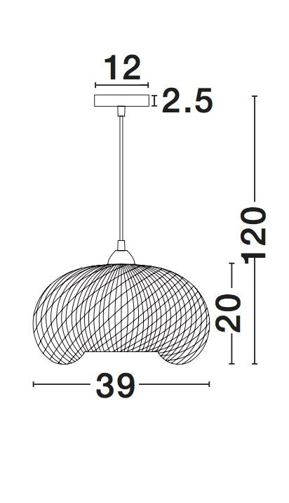 Schéma technique coté de la suspension en bambou avec diamètre et hauteur