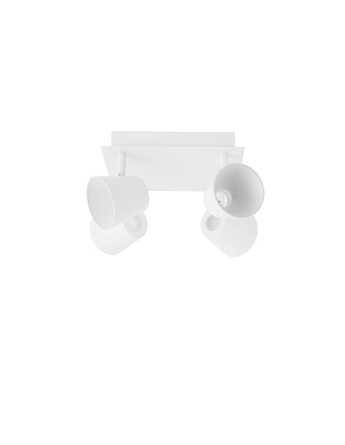 Plafonnier blanc vu de face, base carrée et quatre projecteurs cylindriques orientables.