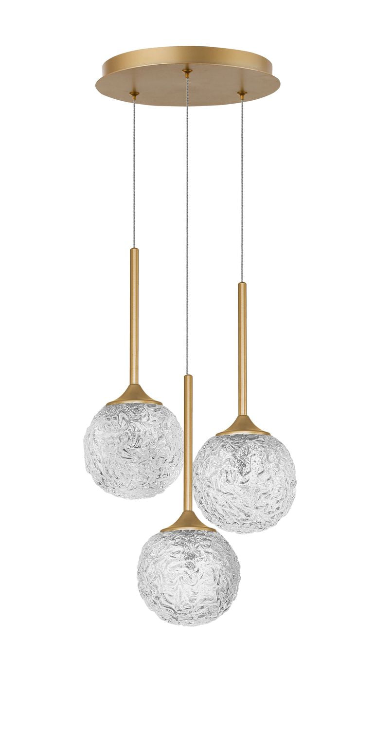 Vue de face du luminaire et ses trois sphères en verre clair