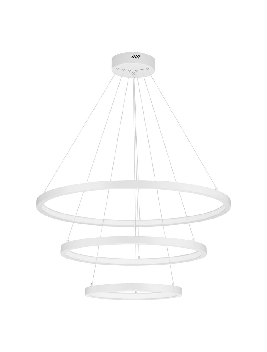 Vue d'ensemble du luminaire, rosace au plafond et trois cercles concentriques étagés