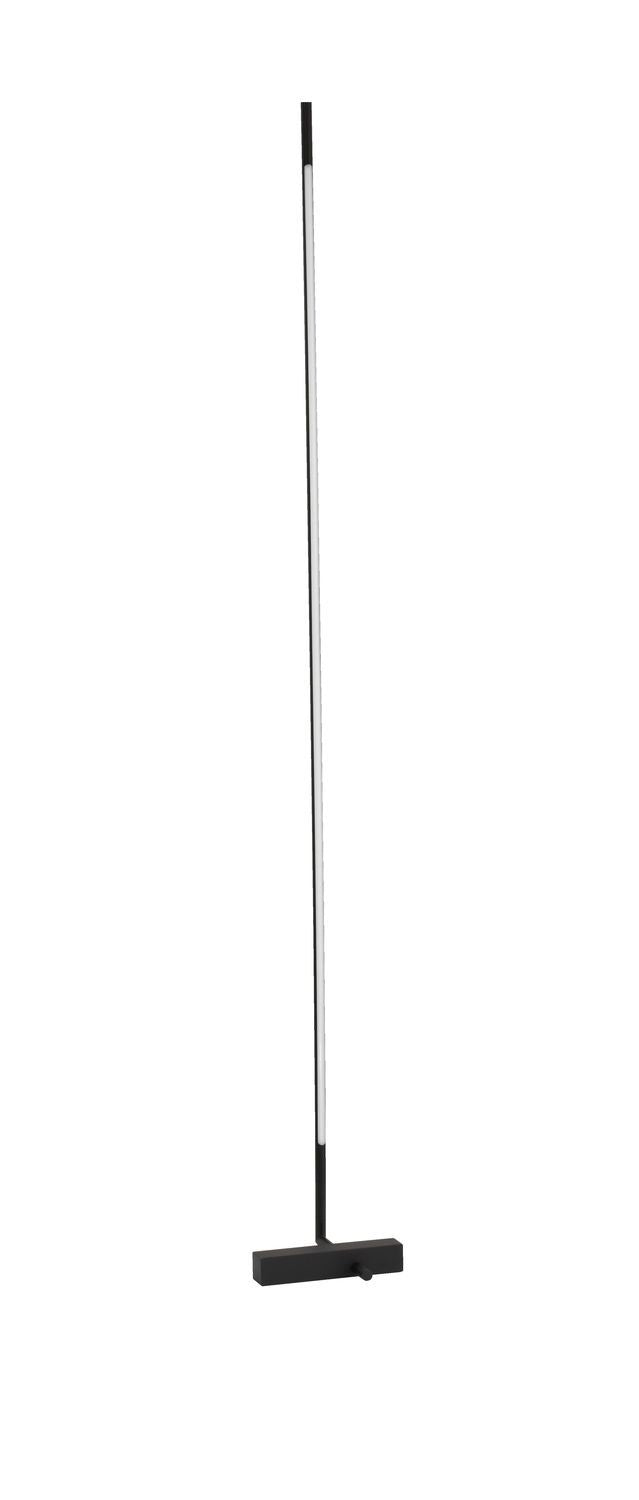 Lampadaire noir de face sur fond blanc, tige fine et socle rectangulaire.