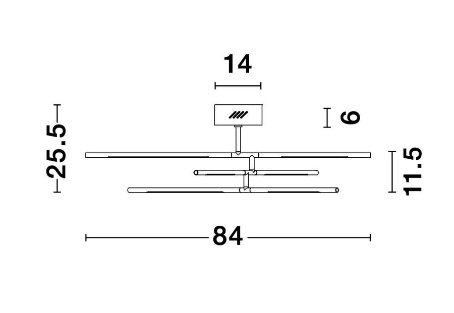 Schéma coté du plafonnier indiquant largeur 84 cm et hauteur 25.5 cm