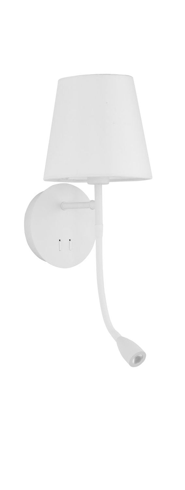 Vue de trois quarts de l'applique blanche avec abat-jour en tissu et bras lecteur flexible.